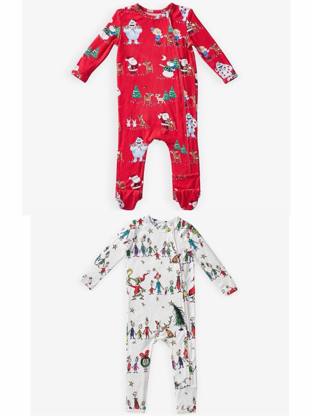 lot of 2 pottery barn kids christmas movie rudolph & the grinch zip up onesies